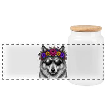 Wolf mit Blütenkranz und Sonnenbrille - Panorama Keksdose mit Holzdeckel - Weiß - Vorne