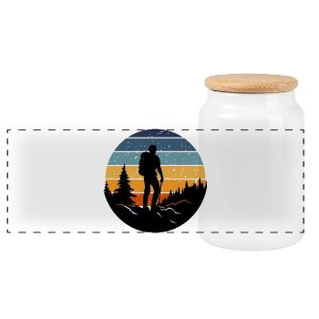 Wanderer-Silhouette im liegenden Retrowald - Panorama Keksdose mit Holzdeckel - Weiß - Vorne