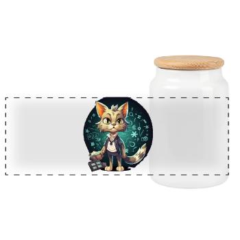 KatzenDetektiv im Outfit des Genies - Panorama Keksdose mit Holzdeckel - Weiß - Vorne