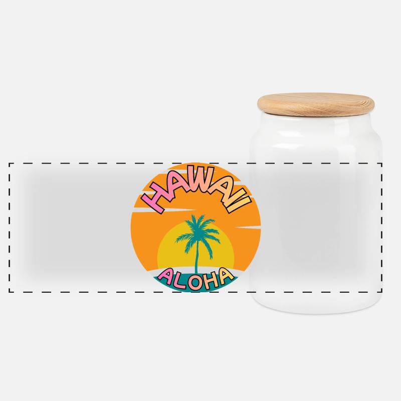 Hawaii Aloha Sonnenuntergang mit Palme - Panorama Keksdose mit Holzdeckel - Weiß