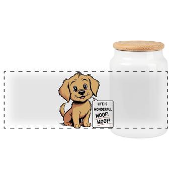 Cozy the dog - Life is wonderful Woof! Woof! - Panoramic Cookie Jar with Wooden Lid - white - Front