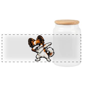 Dabbing Schmetterlingshund - Panorama Keksdose mit Holzdeckel - Weiß - Vorne