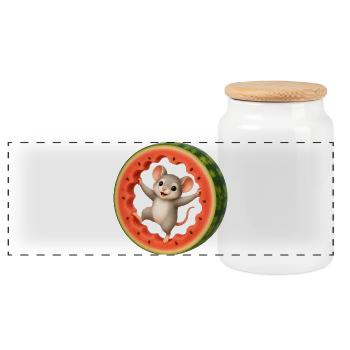 Cheerful Mouse in Watermelon Ring Cartoon Motif - Panoramic Cookie Jar with Wooden Lid - white - Front