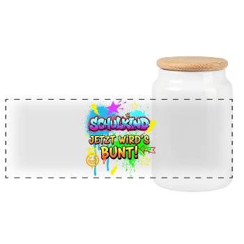 Schulkind Jetzt wird's bunt! - Graffiti Design - Panorama Keksdose mit Holzdeckel - Weiß - Vorne