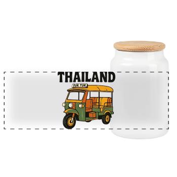 Thailand Tuk Tuk Retro Cartoon - Panoramic Cookie Jar with Wooden Lid - white - Front