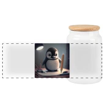 Pinguin Künstler am Tisch - Panorama Keksdose mit Holzdeckel - Weiß - Vorne