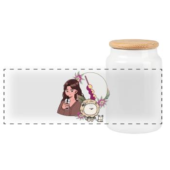 Bubble Tea Girl and Lion with Hearing Aid - Panoramic Cookie Jar with Wooden Lid - white - Front