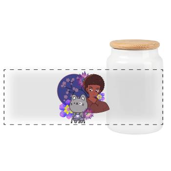 Anime-Junge und Katze mit Walker-Kunst - Panorama Keksdose mit Holzdeckel - Weiß - Vorne
