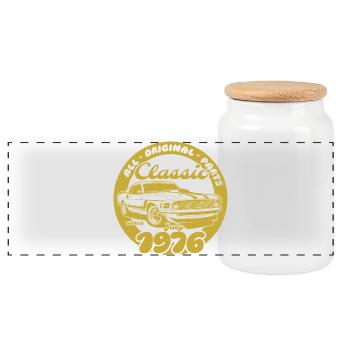 50. Geburtstag - Klassiker Musclecar 07/1976 - Panorama Keksdose mit Holzdeckel - Weiß - Vorne