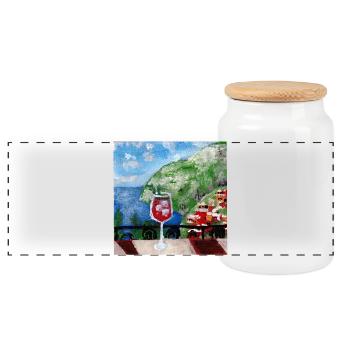 Meerblick_Ölgemälde_mit_cocktail - Panoramic Cookie Jar with Wooden Lid - white - Front