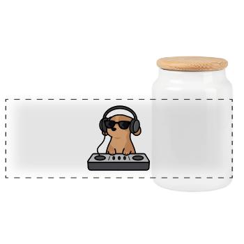 Cute dog as DJ at the mixing desk Gift - Panoramic Cookie Jar with Wooden Lid - white - Front
