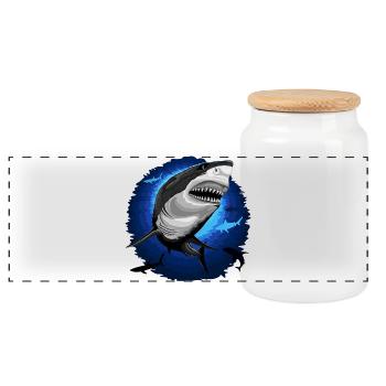 Shark Attack jaws on Deep Blue Ocean - Panoramic Cookie Jar with Wooden Lid - white - Front