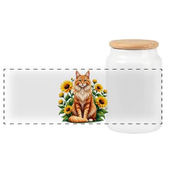 Cute Orange Fluffy Cat and Sunflowers Summer Art - Panoramic Cookie Jar with Wooden Lid - white - Front