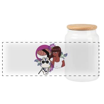Blind Tiger with White Cane Floral Art - Panoramic Cookie Jar with Wooden Lid - white - Front