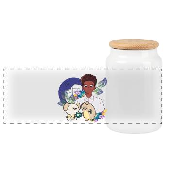 Anime Boy and Animals with Crutch Art - Panoramic Cookie Jar with Wooden Lid - white - Front