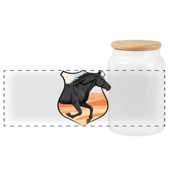 A galloping Abaga horse, a crest and a desert - Panoramic Cookie Jar with Wooden Lid - white - Front