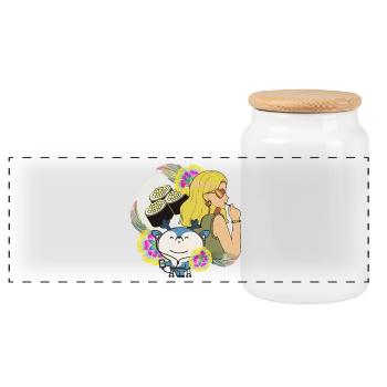Manga Girl, Sushi and Deer with Walker - Panoramic Cookie Jar with Wooden Lid - white - Front