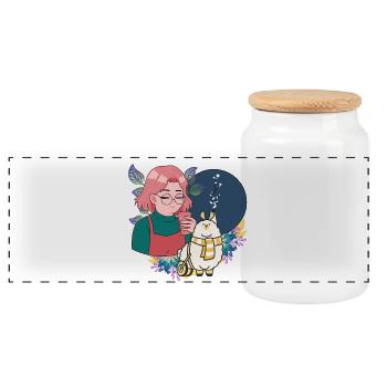 Manga Girl with Coffee and Lama in Wheelchair - Panoramic Cookie Jar with Wooden Lid - white - Front