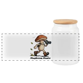 Champignon avec jumelles, chasseur de champignons - Boîte à biscuits avec couvercle en bois - blanc - Devant