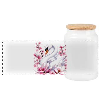 White Swan with Cherry Blossoms - Panoramic Cookie Jar with Wooden Lid - white - Front