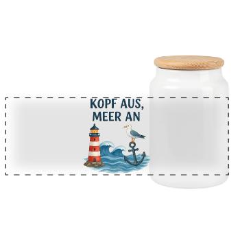 Kopf aus, Meer an – Leuchtturm Motiv - Panorama Keksdose mit Holzdeckel - Weiß - Vorne