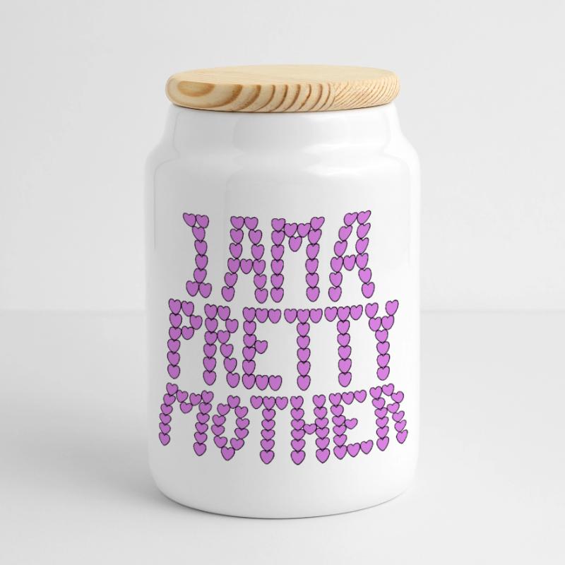 Ich bin eine hübsche Mutter, Typografie. Panorama Keksdose mit Holzdeckel