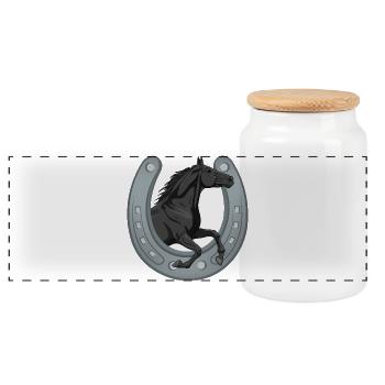 Un cheval Abaga noir au galop qui traverse un fer - Boîte à biscuits avec couvercle en bois - blanc - Devant