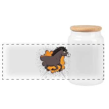 A cartoon caricature of a galloping Abaga horse - Panoramic Cookie Jar with Wooden Lid - white - Front