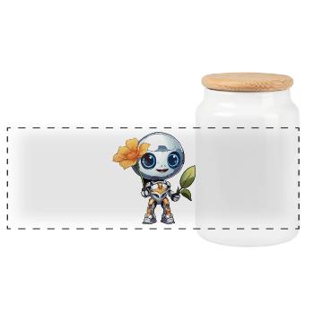 Cuddly robot with flower - Panoramic Cookie Jar with Wooden Lid - white - Front