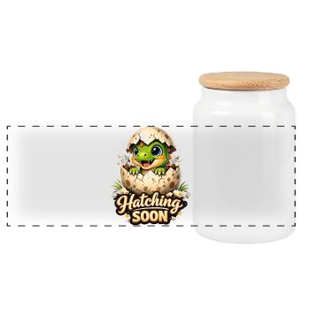 Süßer Baby Dinosaurier - Hatching Soon Dino - Panorama Keksdose mit Holzdeckel - Weiß - Vorne