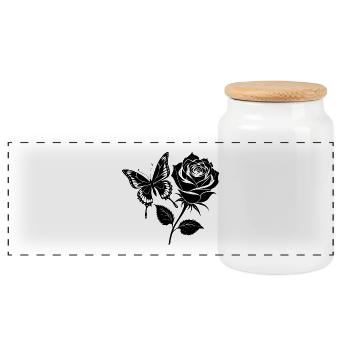 Butterfly on Rose - Panoramic Cookie Jar with Wooden Lid - white - Front
