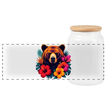 Tropical bear head with hibiscus flowers - Panoramic Cookie Jar with Wooden Lid - white - Front