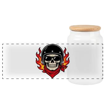Vintage-Biker-Totenkopfhelm und rotes Bandana - Panorama Keksdose mit Holzdeckel - Weiß - Vorne