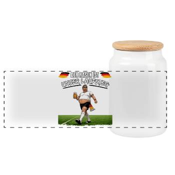 Deutscher Fußballfan mit Bier - Panorama Keksdose mit Holzdeckel - Weiß - Vorne
