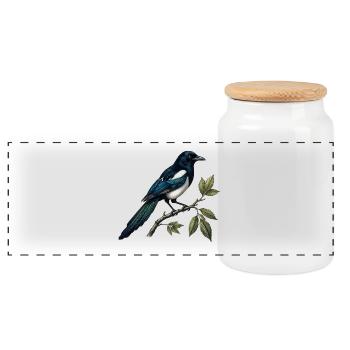 Elster "Pica pica" — ornithologische Gravur - Panorama Keksdose mit Holzdeckel - Weiß - Vorne