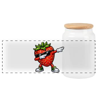 Dabbing Strawberry - Panoramic Cookie Jar with Wooden Lid - white - Front