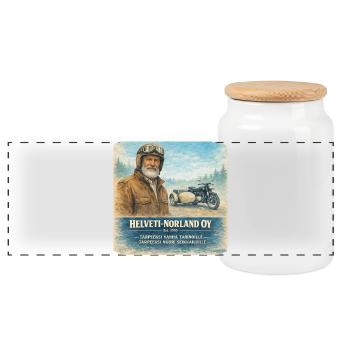 Helveti-Norland OY – Legende auf 3 Rädern - Panorama Keksdose mit Holzdeckel - Weiß - Vorne