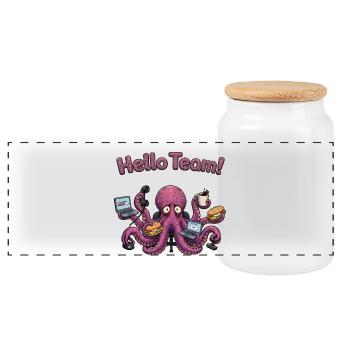 Hello Team Funny Office Octopus Cartoon - Panoramic Cookie Jar with Wooden Lid - white - Front