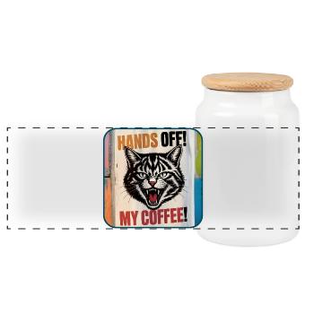 Mein Kaffee – wütende Katze - Panorama Keksdose mit Holzdeckel - Weiß - Vorne