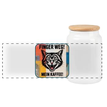 Finger Weg! Mein Kaffee Katzenspruch - Panorama Keksdose mit Holzdeckel - Weiß - Vorne