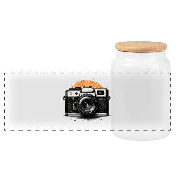 Retro Camera Sunburst - Panoramic Cookie Jar with Wooden Lid - white - Front