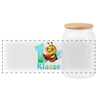 1. Klasse Biene mit Brille und Buch - Aquarell - Panorama Keksdose mit Holzdeckel - Weiß - Vorne
