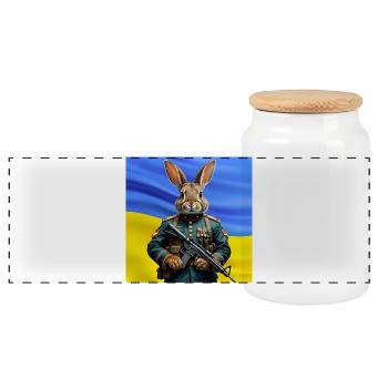 Guardian Rabbit: Hero of Ukraine - Panoramic Cookie Jar with Wooden Lid - white - Front