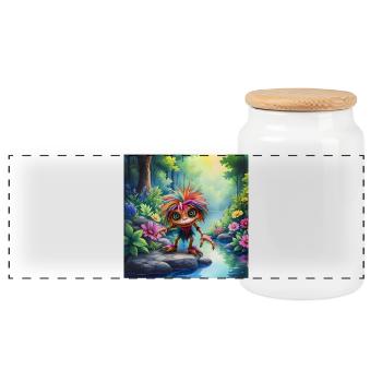 Multicolored creature in riparian forest - Panoramic Cookie Jar with Wooden Lid - white - Front