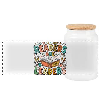 Reading & Education – Readers are Leaders - Panoramic Cookie Jar with Wooden Lid - white - Front