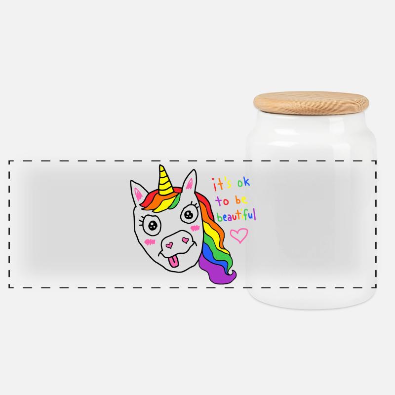 Es ist okay, ein schönes Regenbogen-Einhorn zu sein - Panorama Keksdose mit Holzdeckel - Weiß