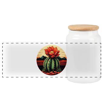Desert cactus with red flower in circle - Panoramic Cookie Jar with Wooden Lid - white - Front