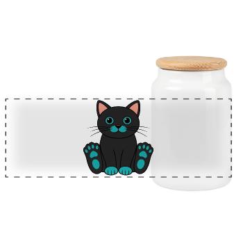 Chat noir de dessin animé avec des pattes turquoise - Boîte à biscuits avec couvercle en bois - blanc - Devant