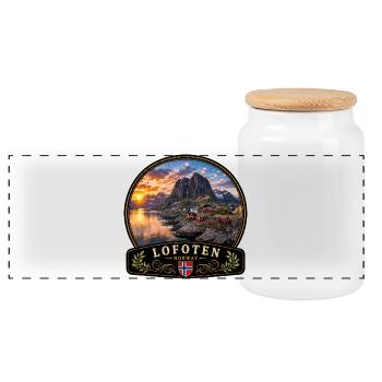 Lofoten Norwegen Reine Rorbu Hafenstadt Fjord  - Panorama Keksdose mit Holzdeckel - Weiß - Vorne