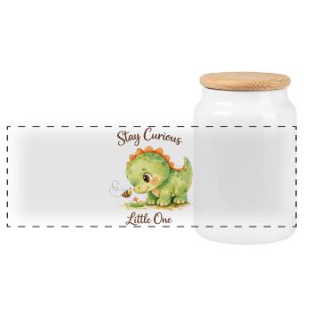 Stay Curious Little One – Watercolor Dino & Bee - Panoramic Cookie Jar with Wooden Lid - white - Front
